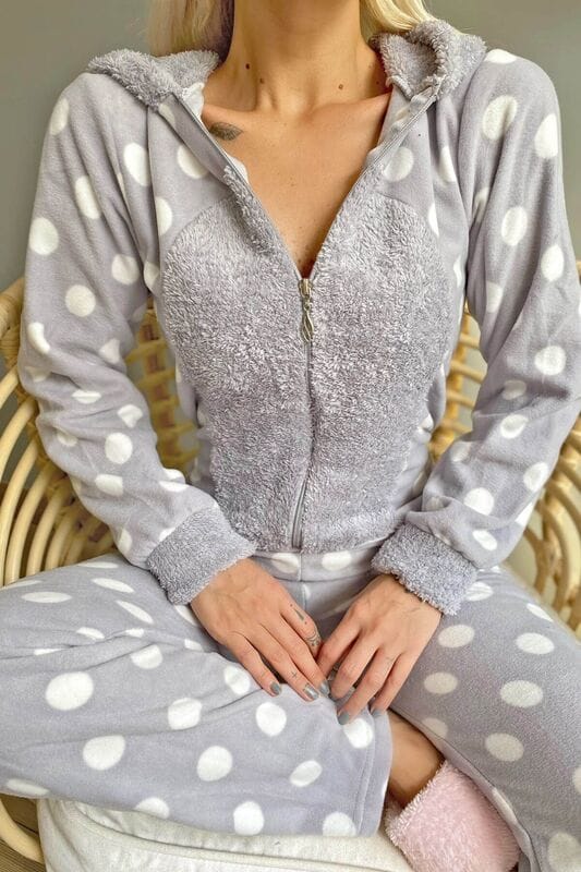 Gri Desenli Kadın Polar Peluş Tulum Pijama