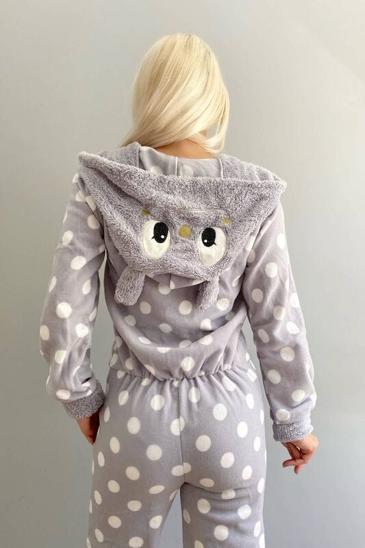 Gri Desenli Kadın Polar Peluş Tulum Pijama