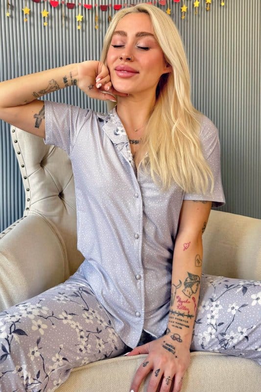 Gri Florado Exclusive Önden Düğmeli Kısa Kollu Kadın Pijama Takımı