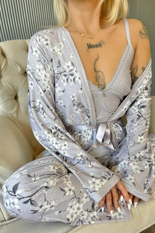 Gri Flore Exclusive Örme Sabahlıklı Kadın Pijama Takımı