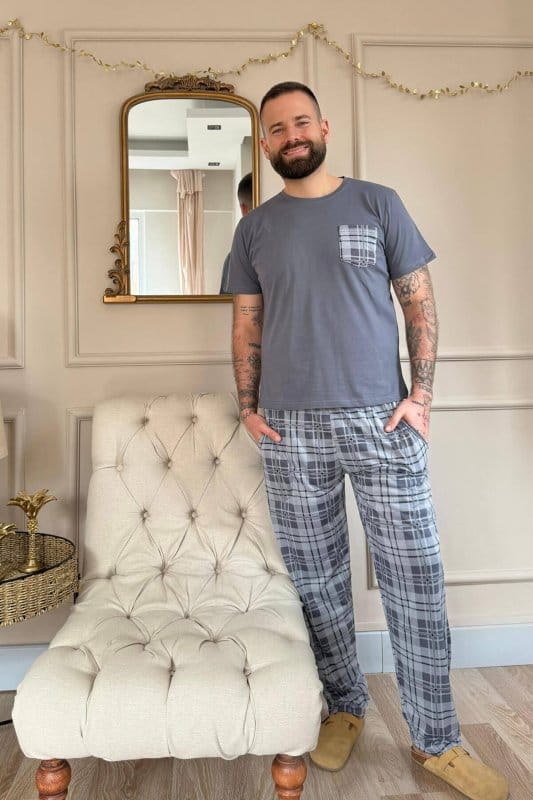 Gri Füme Cep Detay Ekose Kısa Kollu Erkek Pijama Takımı
