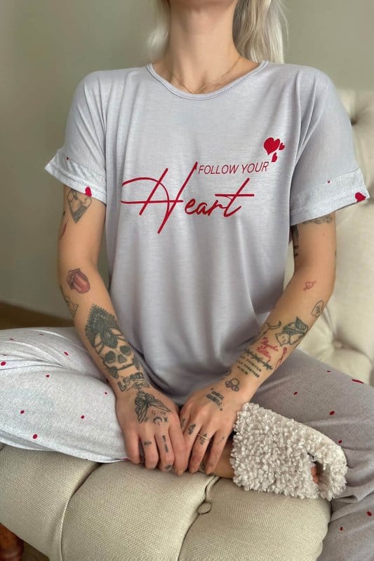 Gri Heart Baskılı Örme Kısa Kollu Kadın Pijama Takımı