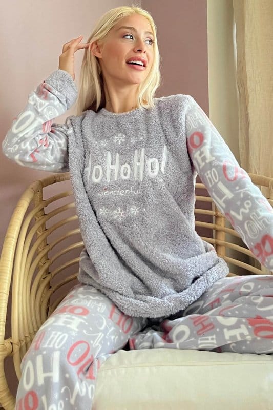 Gri Hoho Desenli Kadın Peluş Pijama Takımı