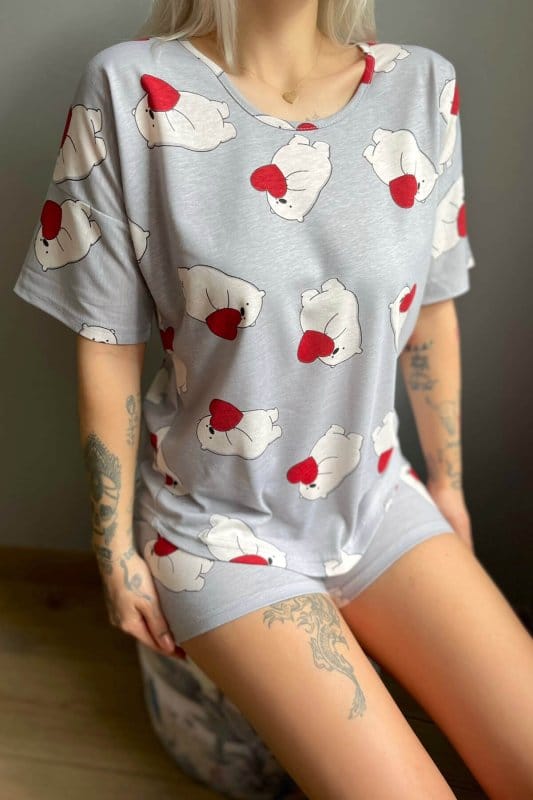 Gri Kalp Bear Baskılı Şortlu Kadın Pijama Takımı