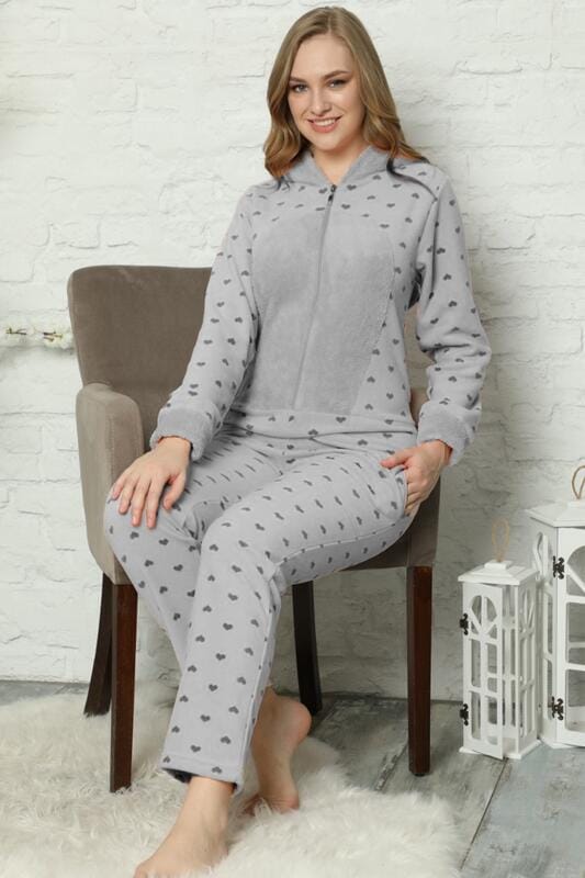 Gri Kalp Desenli Kadın Polar Peluş Tulum Pijama Takımı