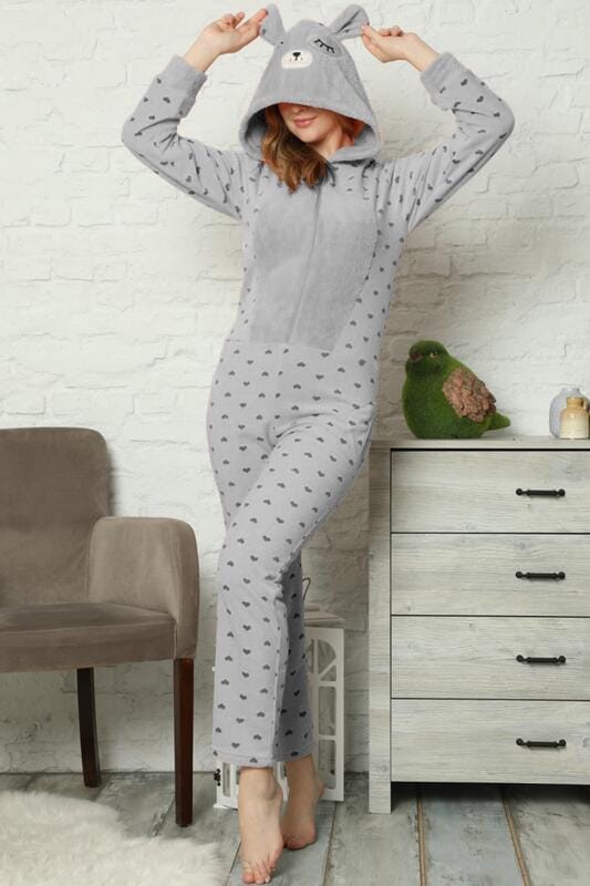 Gri Kalp Desenli Kadın Polar Peluş Tulum Pijama Takımı