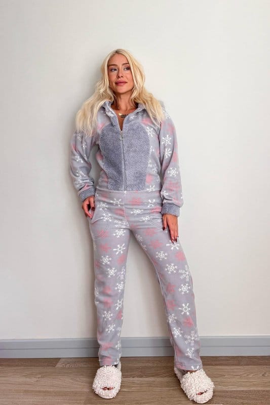 Gri Kartanesi Desenli Kadın Polar Peluş Tulum Pijama