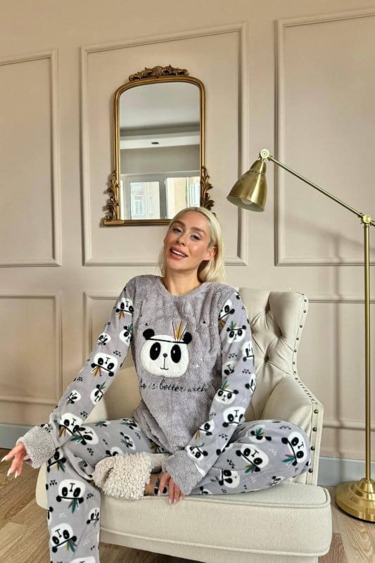 Gri Life Panda Desenli Kadın Peluş Pijama Takımı