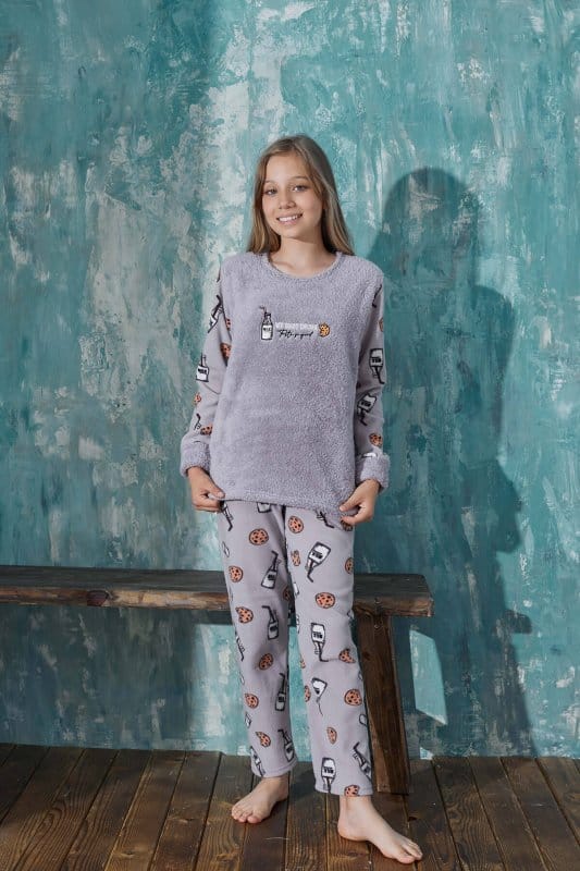 Gri Milk Desenli Kız Çocuk Peluş Pijama Takımı