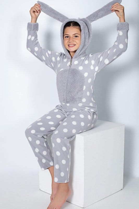 Gri Puan Desenli Kız Çocuk Polar Peluş Tulum Pijama
