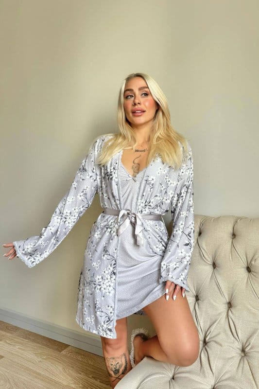 Gri Svila Exclusive Örme Sabahlıklı Gecelik Kadın Pijama Takımı