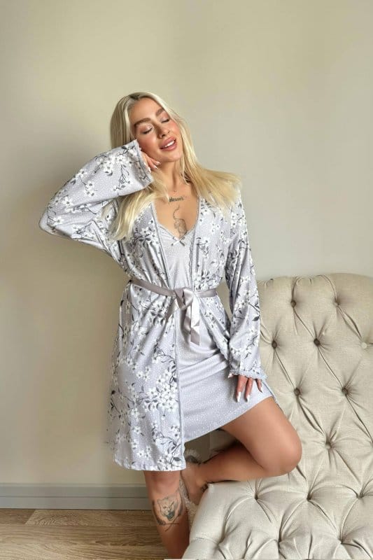 Gri Svila Exclusive Örme Sabahlıklı Gecelik Kadın Pijama Takımı