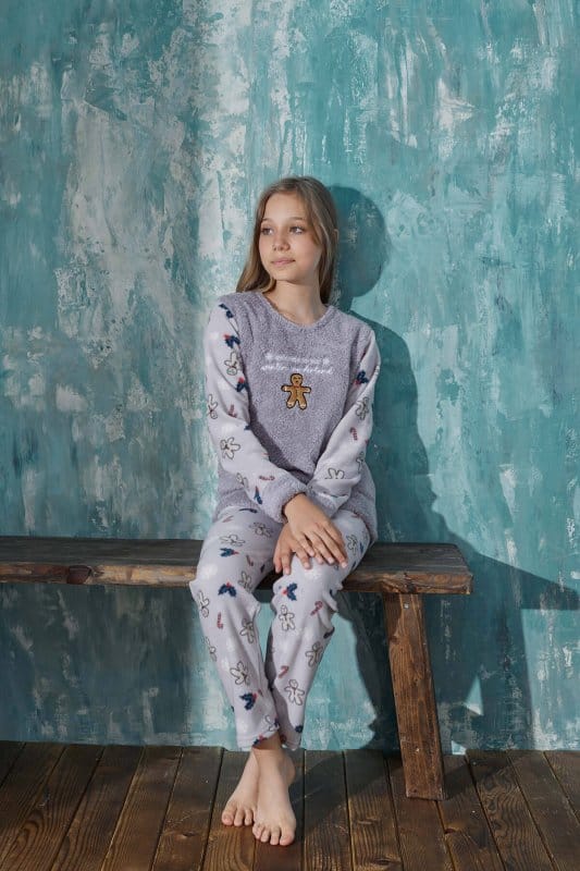 Gri Wonderland Desenli Kız Çocuk Peluş Pijama Takım