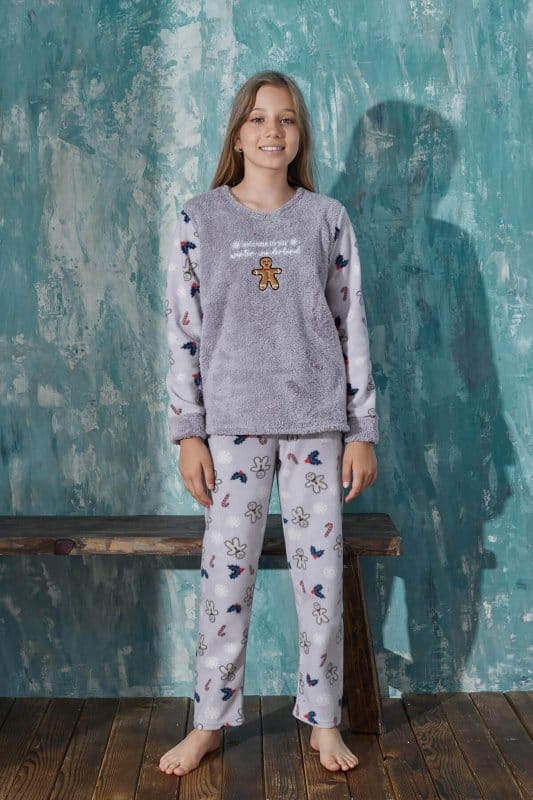 Gri Wonderland Desenli Kız Çocuk Peluş Pijama Takım