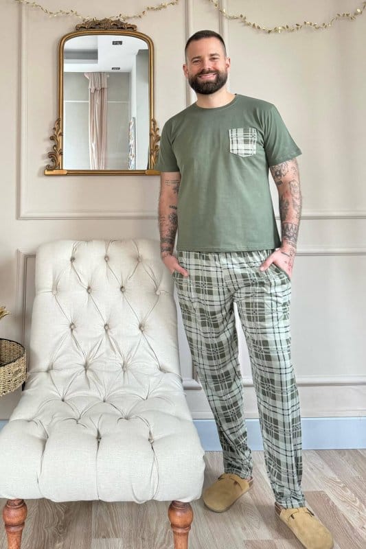 Haki Cep Detay Ekose Kısa Kollu Erkek Pijama Takımı