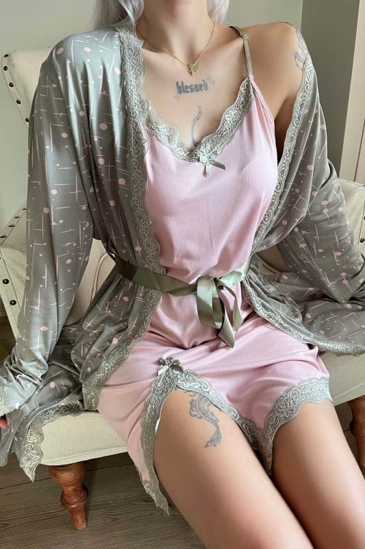 Haki Pembe Complex Desenli Sabahlıklı Gecelik Kadın Pijama Seti