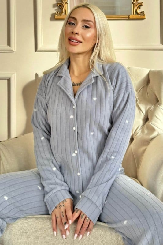 Indigo Jantung Desenli Önden Düğmeli Peluş Polar Pijama Takımı