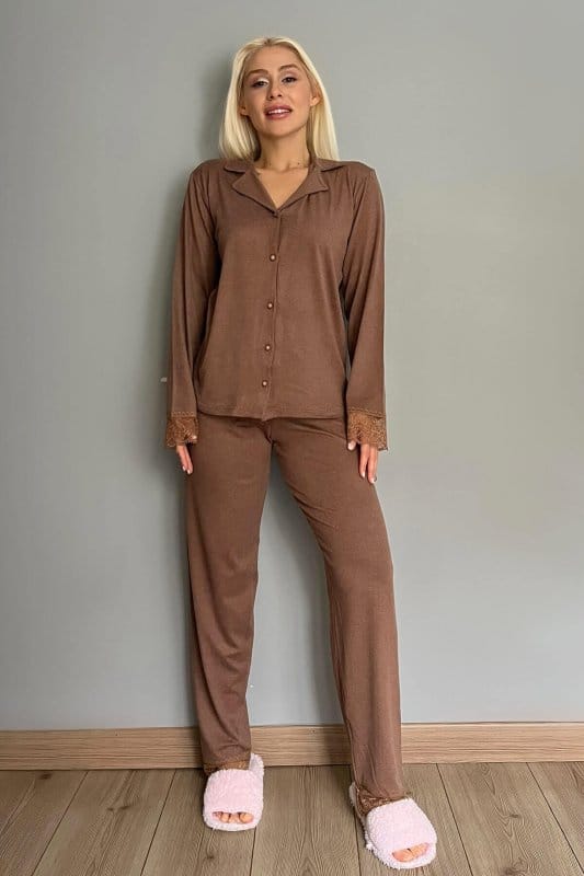 Kahverengi Önden Düğmeli Bambu Uzun Kol Pijama Takımı