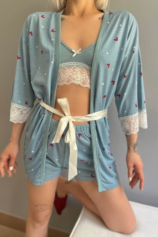 Kalp Desenli Sabahlıklı Bralet Örme Pijama Takımı