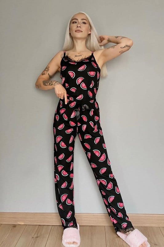Karpuz Baskılı Dantelli İp Askılı Örme Kadın Pijama Takımı