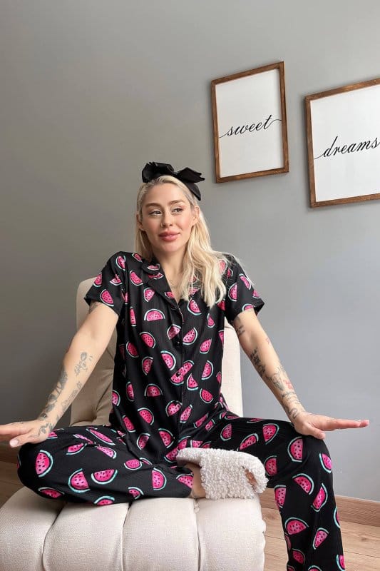 Karpuz Desenli Örme Önden Düğmeli Kısa Kol Kadın Pijama