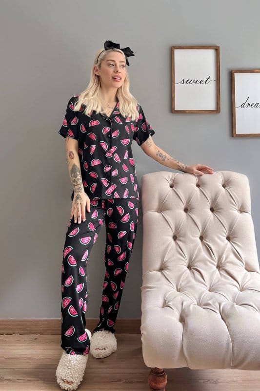 Karpuz Desenli Örme Önden Düğmeli Kısa Kol Kadın Pijama
