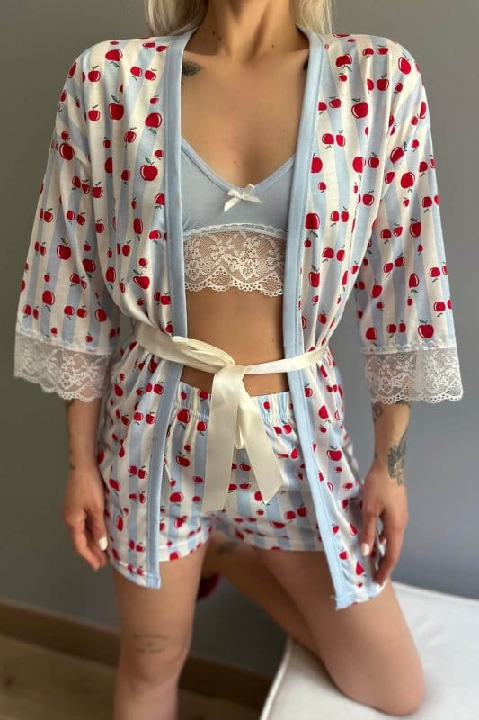Kiraz Desenli Sabahlıklı Bralet Örme Pijama Takımı