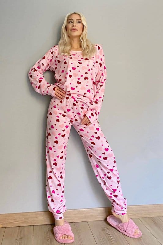 Kırmızı Croi Baskılı Uzun Kol Kadın Pijama Takımı