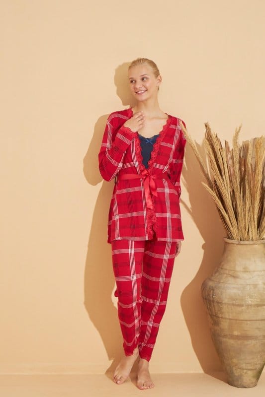 Kırmızı Ekose Desenli Bambu Sabahlıklı Kadın Pijama Takımı