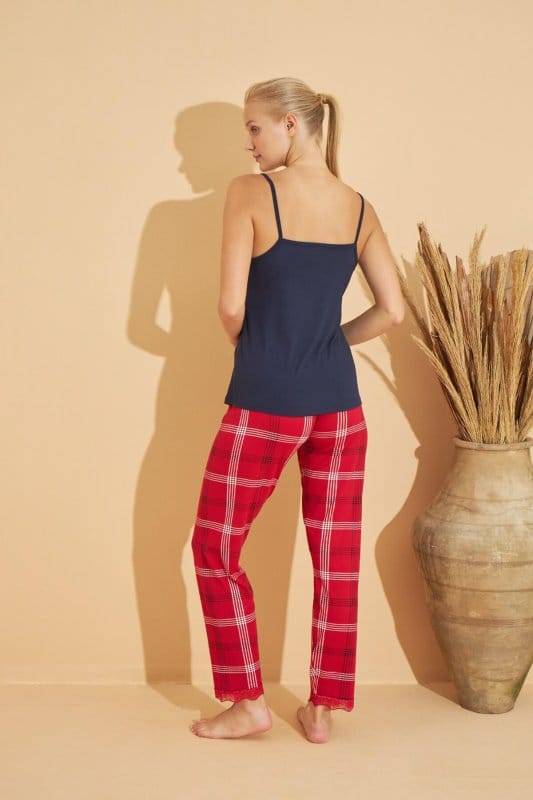 Kırmızı Ekose Desenli Bambu Sabahlıklı Kadın Pijama Takımı