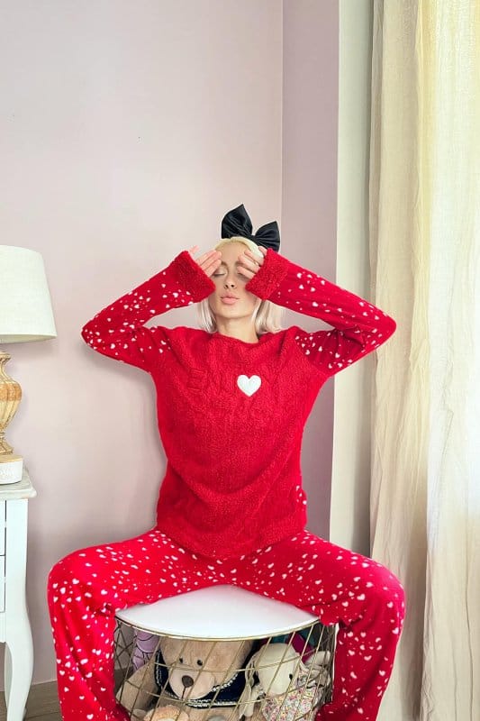 Kırmızı Enjoy Life Desenli Kadın Peluş Pijama Takımı