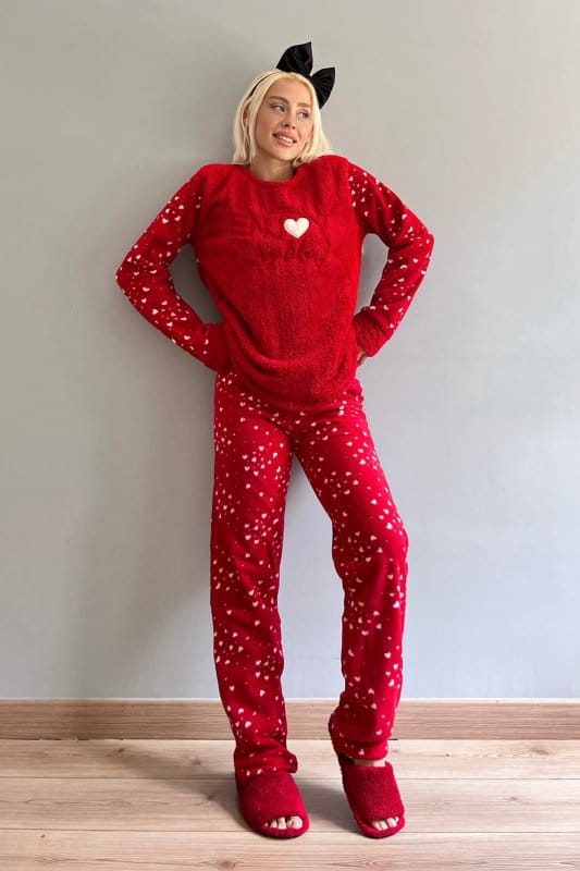 Kırmızı Enjoy Life Desenli Kadın Peluş Pijama Takımı