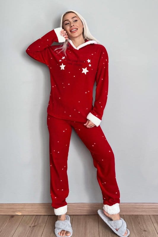 Kırmızı Everyday Magic Desenli Kapşonlu Peluş Polar Pijama