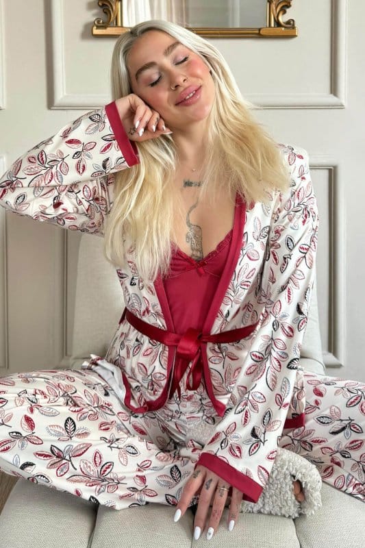 Kırmızı Flore Exclusive Örme Sabahlıklı Kadın Pijama Takımı