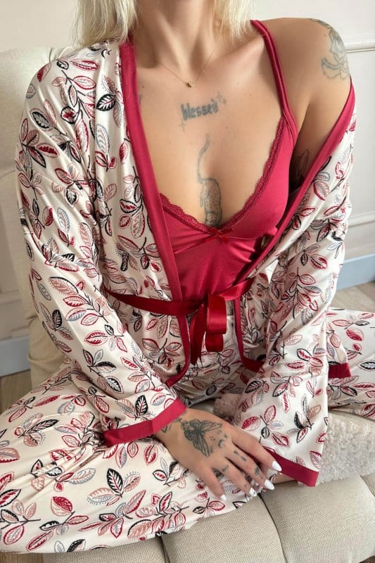 Kırmızı Flore Exclusive Örme Sabahlıklı Kadın Pijama Takımı