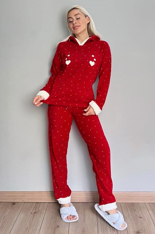 Kırmızı Heart Magic Desenli Kapşonlu Peluş Polar Pijama