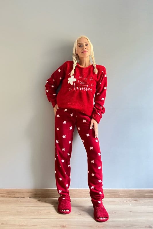 Kırmızı Hello Winter Desenli Kadın Peluş Pijama Takımı