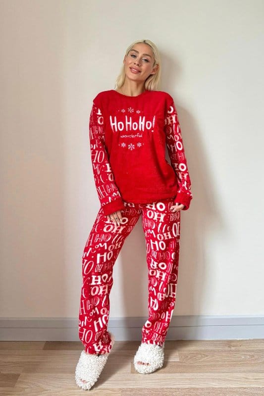 Kırmızı Hoho Desenli Kadın Peluş Pijama Takımı