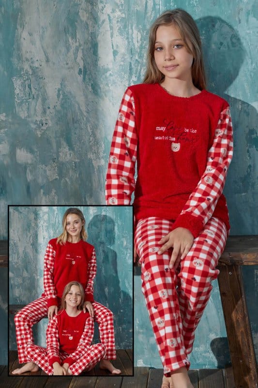 Kırmızı Home Peluş Anne Kız Aile Pijaması - Kız Çocuk Takımı