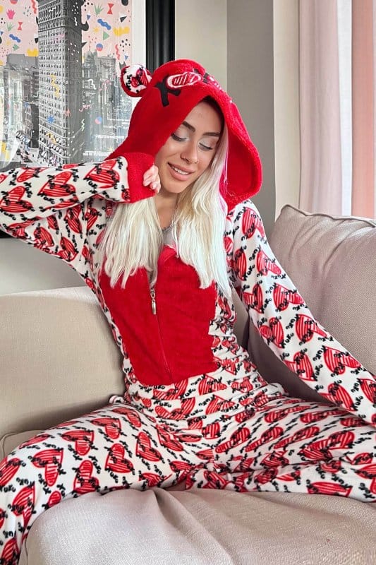 Kırmızı Kalp Desenli Kadın Polar Peluş Tulum Pijama Takımı