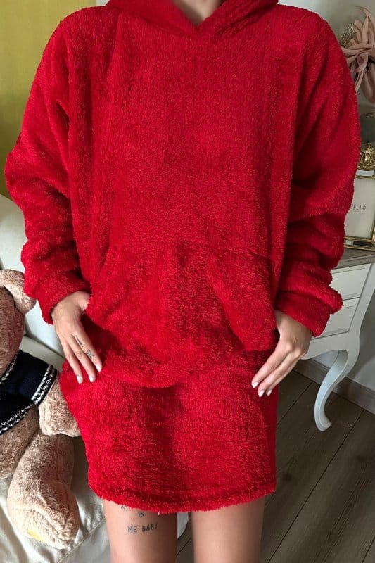 Kırmızı Kapşonlu Tam Peluş Oversize Sweat Panço Pijama