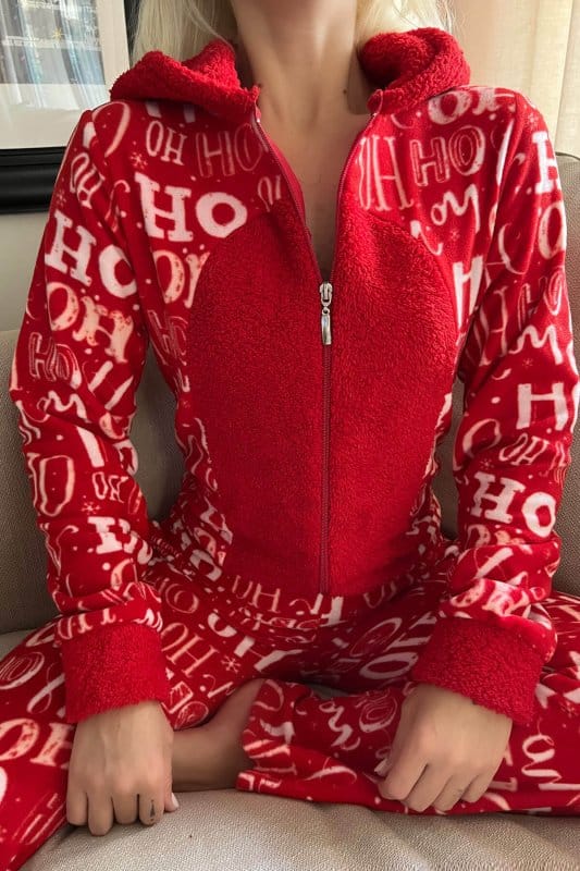 Kırmızı Laugh Desenli Kadın Polar Peluş Tulum Pijama Takımı