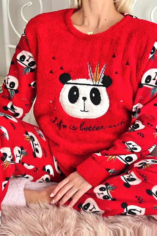 Kırmızı Life Panda Desenli Kadın Peluş Pijama Takımı