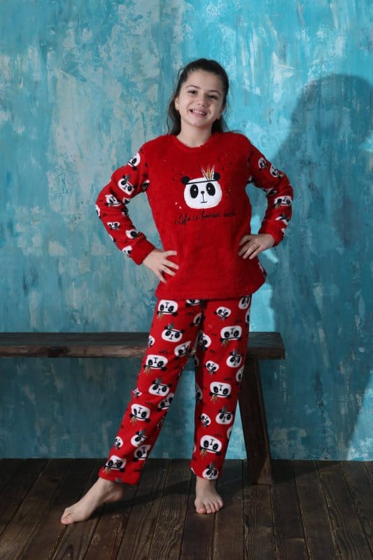 Kırmızı Life Panda Desenli Kız Çocuk Peluş Pijama Takımı