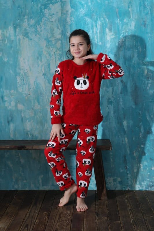 Kırmızı Life Panda Desenli Kız Çocuk Peluş Pijama Takımı