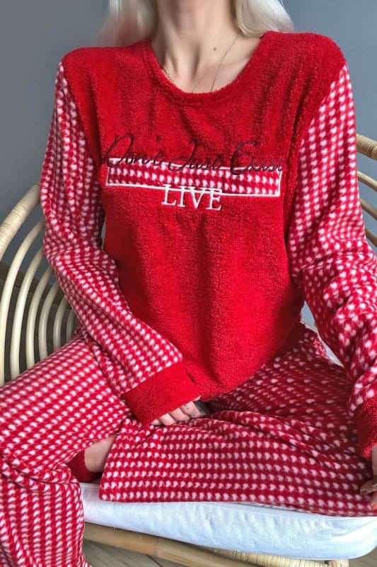 Kırmızı Live Desenli Kadın Peluş Pijama Takımı