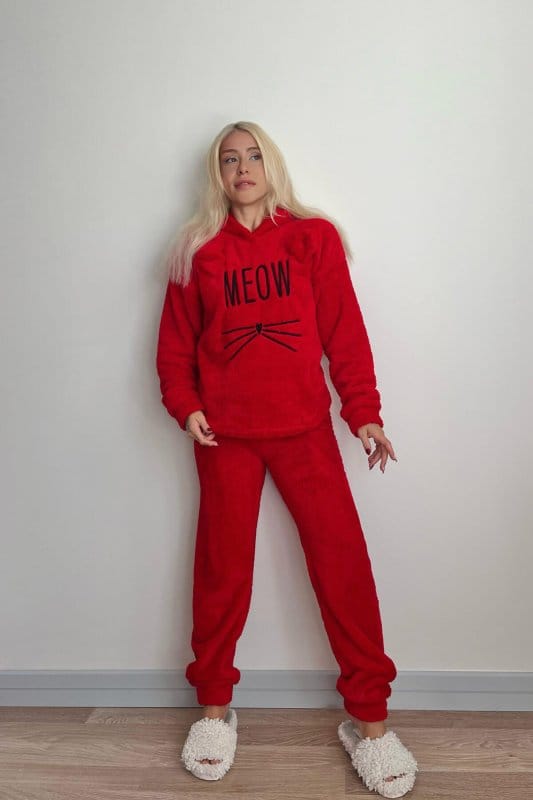 Kırmızı Meow Desenli Tam Peluş Pijama Takımı