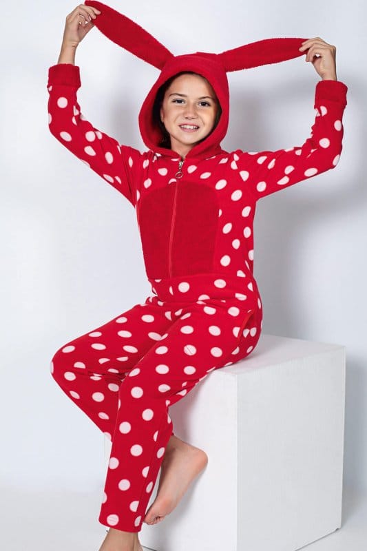 Kırmızı Puan Desenli Kız Çocuk Polar Peluş Tulum Pijama