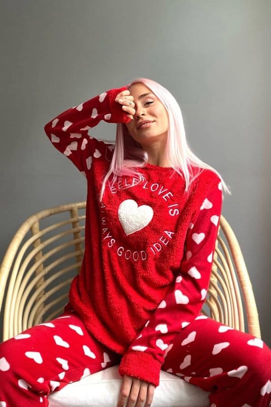Kırmızı Self Love Desenli Kadın Peluş Pijama Takımı