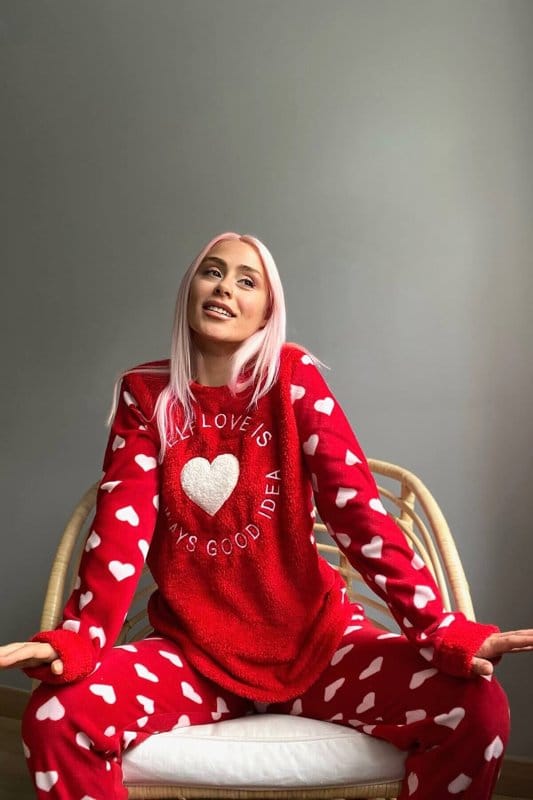 Kırmızı Self Love Desenli Kadın Peluş Pijama Takımı